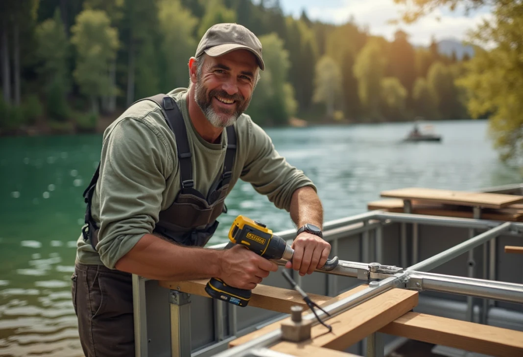 Man building pontoon boat