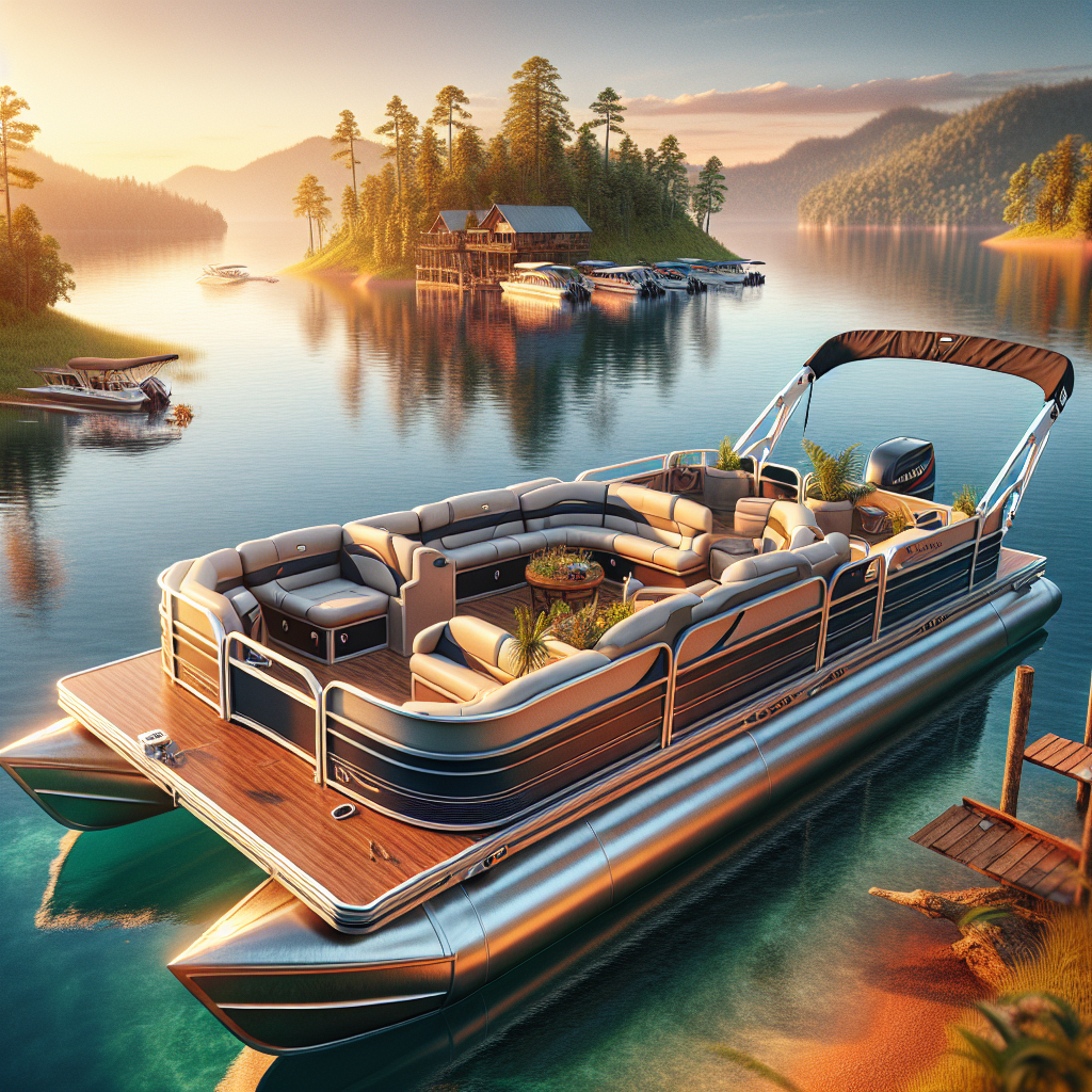 Realistic pontoon boat anchored near gorgeous shoreline amidst vibrant nature