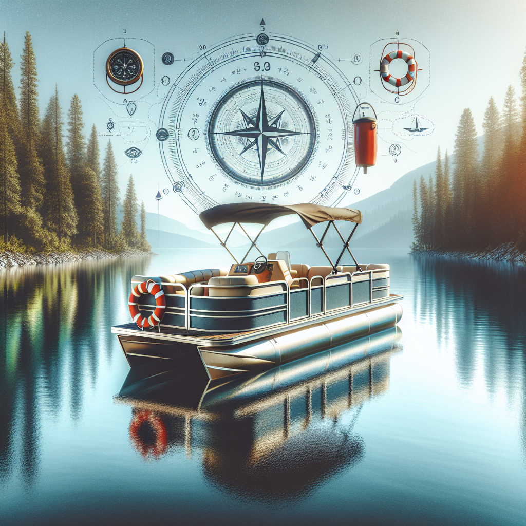 Serene pontoon boat rental on a lake with navigation equipment and life ring. Relevance to article on pontoon boat rental requirements. No text.