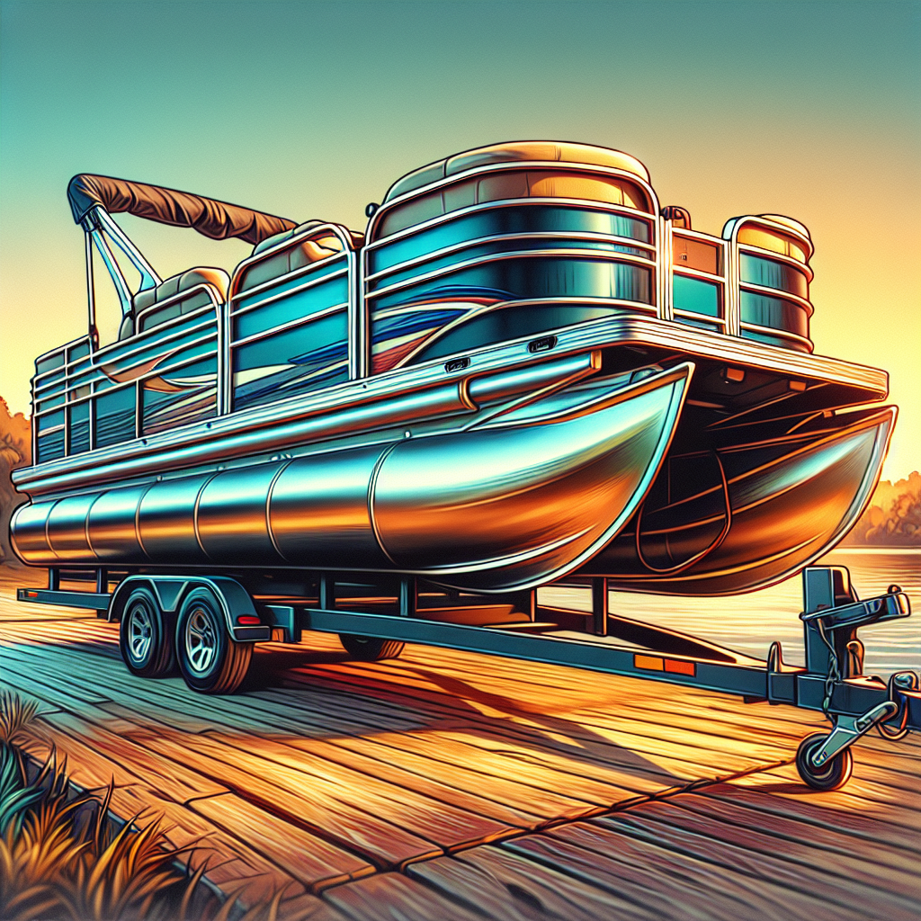 Shiny pontoon boat on strong trailer near water with golden sunset: evokes adventure and highlights utility of boat on trailer.